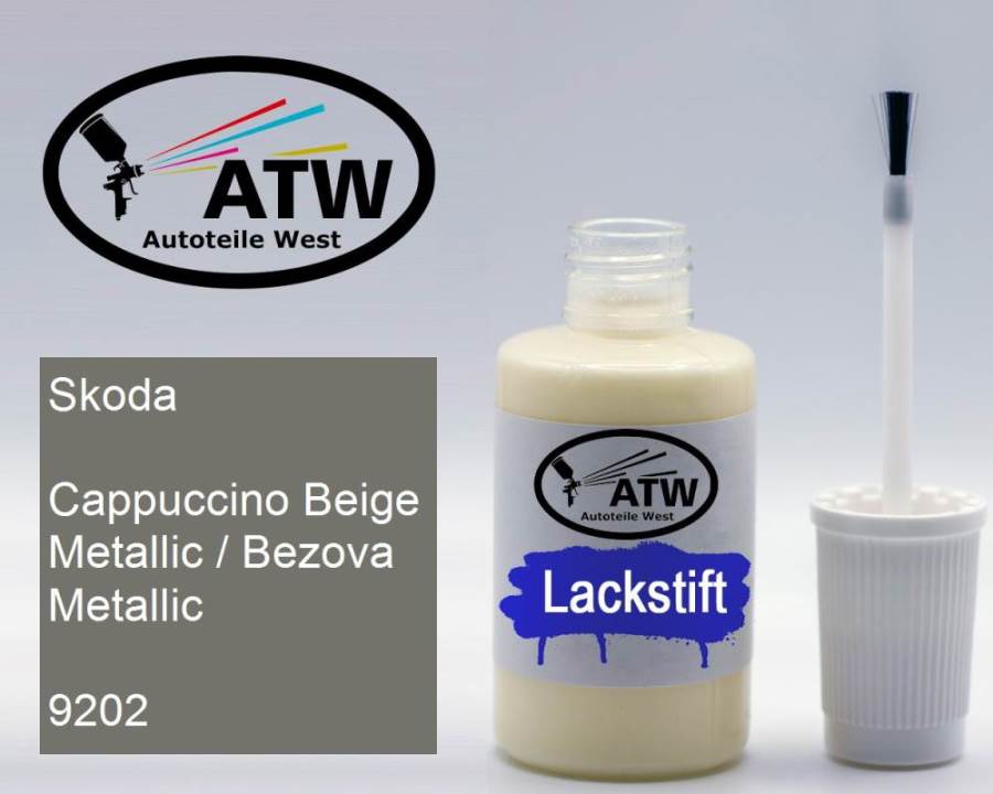 Skoda, Cappuccino Beige Metallic / Bezova Metallic, 9202: 20ml Lackstift, von ATW Autoteile West.